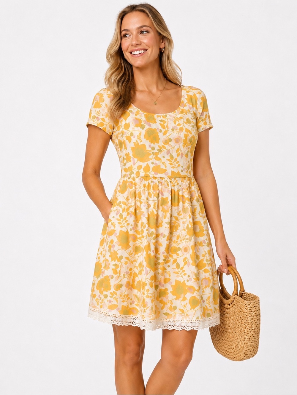 Boden Yellow Floral Print Linen Dress Lace Trim Hem Short Sleeve Fit & Flare 12R